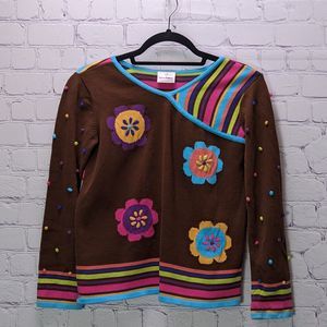 Hanna Andersson 150 US 12 Pullover Sweater Brown Turquoise Floral w Rainbow